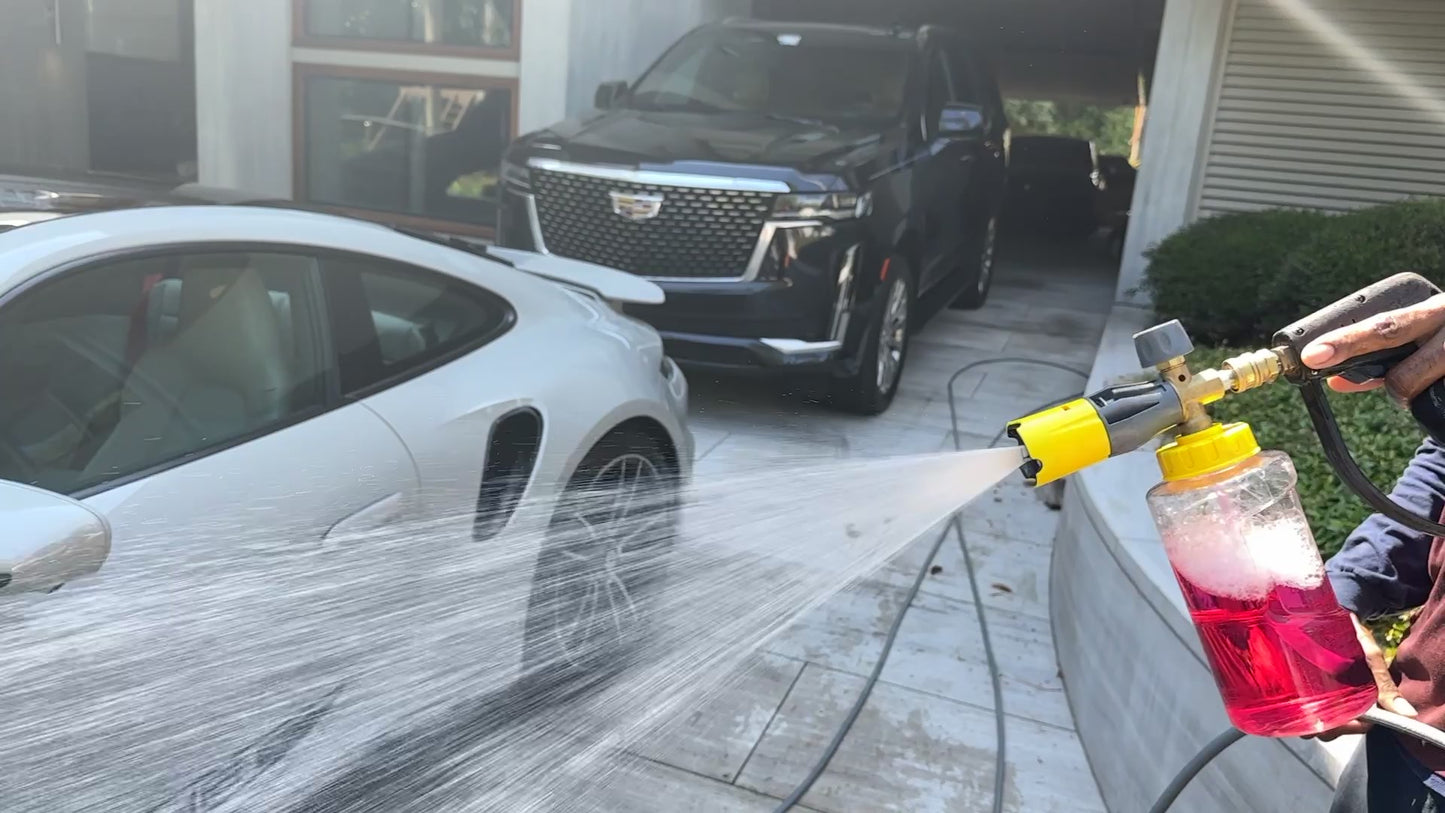 MoMo Motorsports Luxury Line "Shampoo" car wash soap blasted out of the Momo Motorsports "Avalanche Snow Foam Cannon"