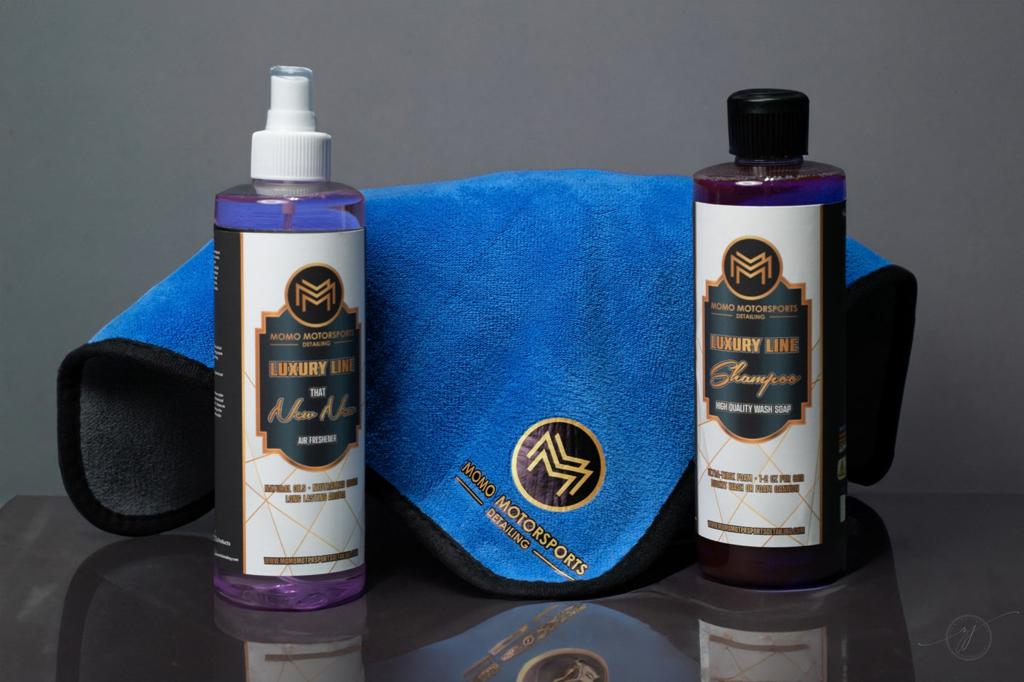 MoMo Motorsports Luxury Line "Shampoo" High quality car wash soap "That New New" air freshner and the interior only branded Microfiber towel