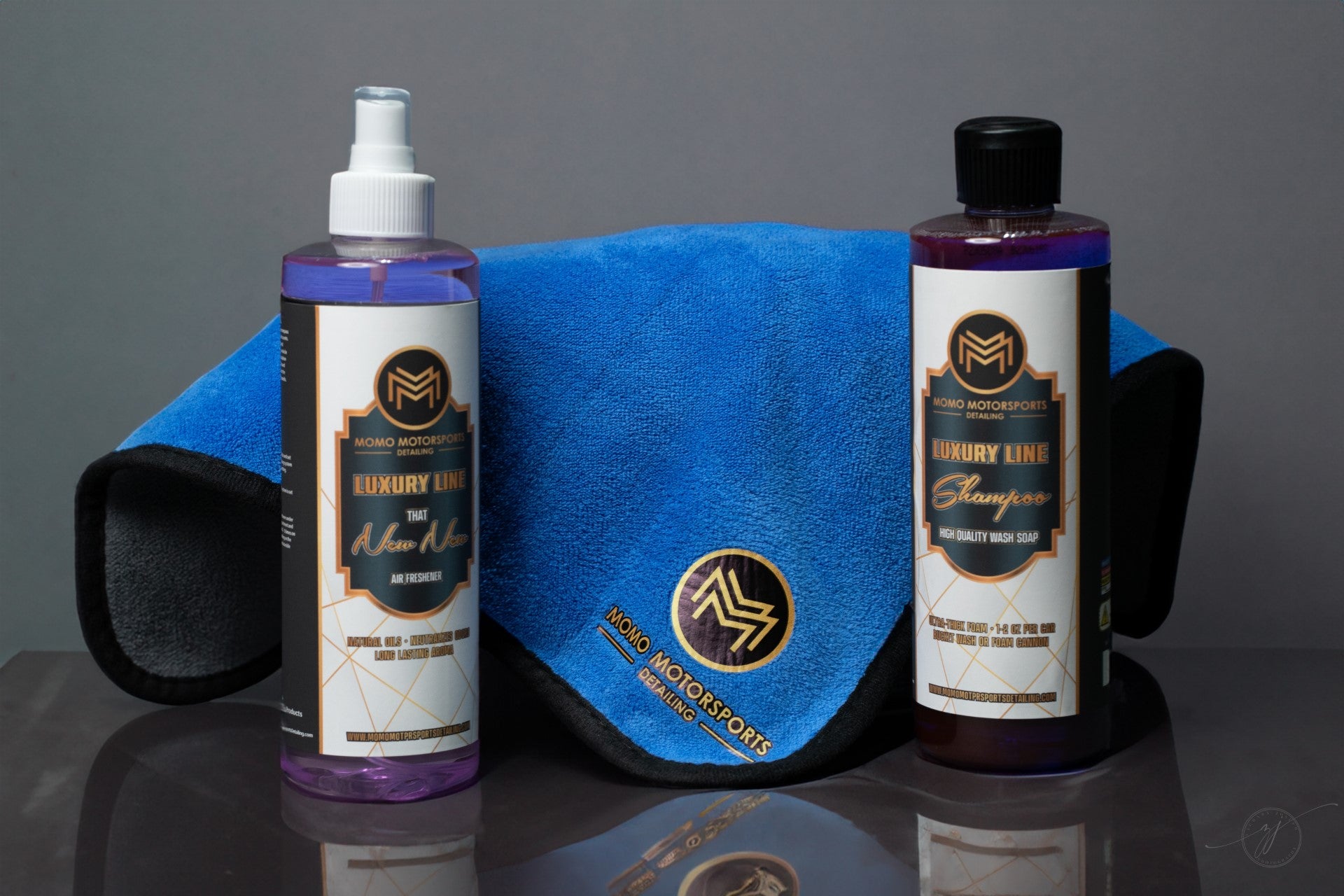 MoMo Motorsports Luxury Line "Shampoo" High quality car wash soap "That New New" air freshner and the interior only branded Microfiber towel